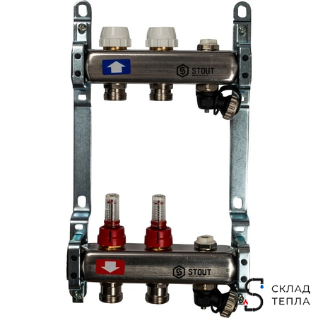 Коллекторная группа STOUT - 1" на 2 контура 3/4" (расходомеры, клапананы, сливные краны). Вид 1.