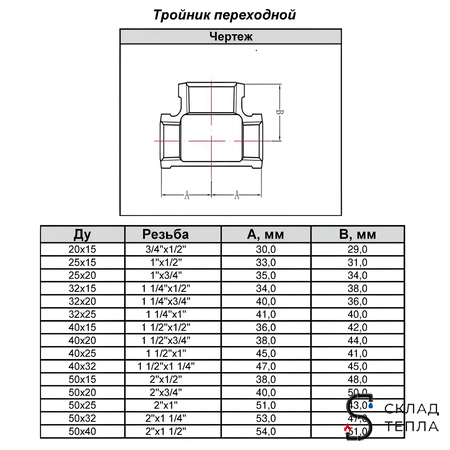 Тройник переходной чугун Ду 40х15 (1 1/2"х1/2") ВР Fittex PLUS (1шт). Вид 8.