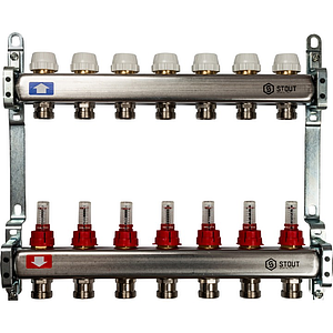 Коллекторная группа STOUT - 1' на 7 контуров 3/4' (нерж.сталь, с расходомерами)