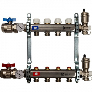 Коллекторная группа в сборе STOUT - 1' на 4 контура 3/4' (нерж.сталь, с вентилями)