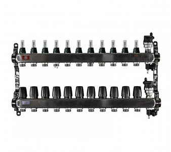Коллекторная группа TIM - 1' на 11 контуров 3/4' (нерж. сталь с расходомерами и сливными кранами)