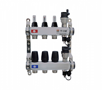Коллекторная группа TIM - 1' на 3 контура 3/4' (нерж. сталь с расходомерами и сливными кранами)