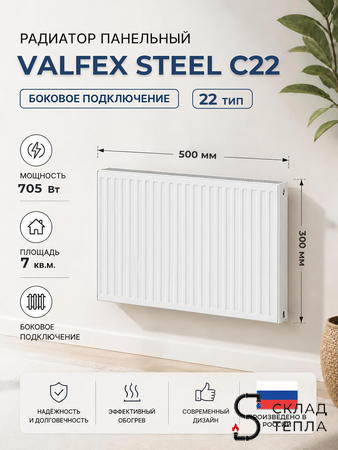 Радиатор панельный VALFEX Compact тип 22 - 300x500 мм (подкл.боковое, 705 Вт). Вид 1.