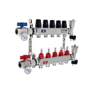 Коллекторная группа TIM - 1' на 5 контуров 3/4' (нерж. сталь с расходомерами, полный комплект)