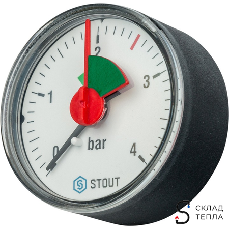Манометр аксиальный STOUT - 1/4" (D50 мм, шкала 0-4 бар, с указателем предела). Вид 1.