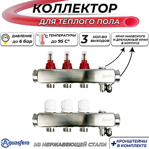 Коллекторная группа Aquasfera-1' на 3 контуров 3/4' (нерж. сталь с расходомерами и сливными кранами)