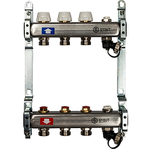 Коллекторная группа STOUT - 1' на 3 контура 3/4' (клапананы, сливные краны, нерж. сталь)