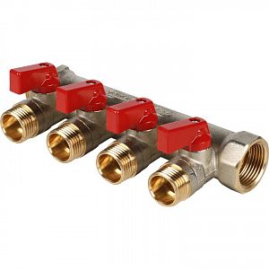 Коллектор запорный STOUT - 3/4' (НР/ВР) на 4 контура 1/2' (НР, ручки красные) 