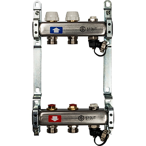 Коллекторная группа STOUT - 1' на 2 контура 3/4' (клапананы, сливные краны, нерж. сталь)