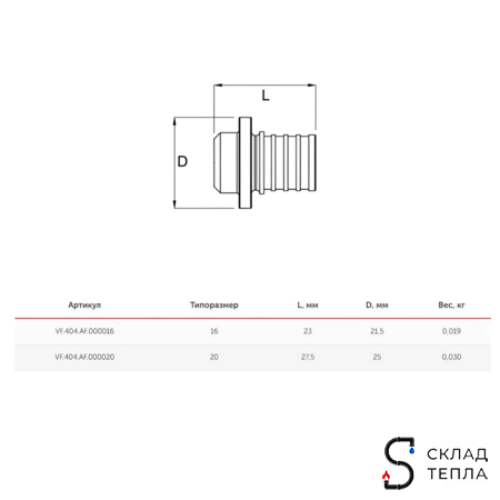 Заглушка аксиальная VALFEX - 20 (для труб из сшитого полиэтилена). Вид 2.