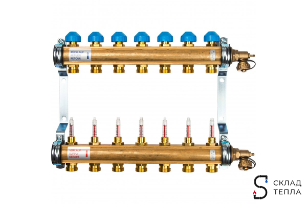 Коллекторная группа WATTS HKV/T - 1"ВР на 7 контуров 3/4"EK (с вентилями и расходомерами, латунь). Вид 1.