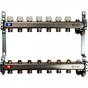 Коллекторная группа STOUT - 1' на 7 контуров 3/4' (клапананы, сливные краны, нерж. сталь)