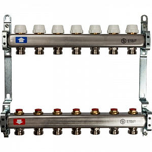 Коллекторная группа STOUT - 1' на 7 контуров 3/4' (нерж.сталь, с вентилями)