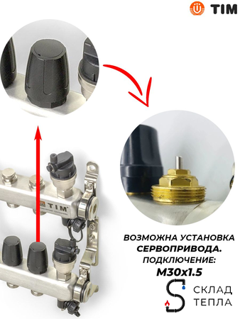 Коллекторная группа TIM 1" на 3 контура 3/4" (нерж. сталь, с вентилями). Вид 2.