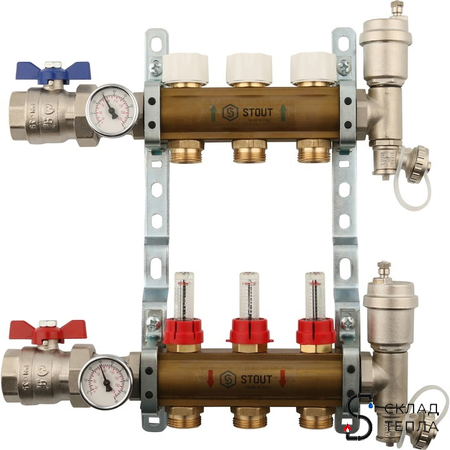 Коллекторная группа в сборе STOUT - 1" на 3 контура 3/4" (латунь, с расходомерами). Вид 1.