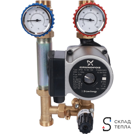 Насосная группа STOUT - 3/4" (с 3-х ходовым приводным смесителем, с насосом Grundfos UPSO 15-65 130). Вид 3.