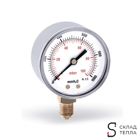 Манометр радиальный WATTS F+R260 (MRSC) - 3/8" (для газа, D-80 мм, шкала 0-100 мбар, логотип FIMET). Вид 1.
