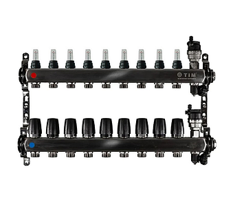 Коллекторная группа TIM - 1' на 9 контуров 3/4' (нерж. сталь с расходомерами и сливными кранами)