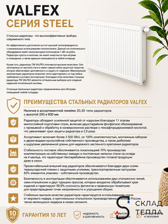 Радиатор панельный VALFEX Compact тип 11 - 300x1300 мм (подкл.боковое, 997 Вт). Вид 2.
