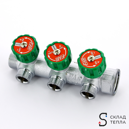 Коллектор FAR MULTIFAR 3822 - 1"(НР/ВР) на 3 контура 3/4"(плоское упл.). Вид 3.