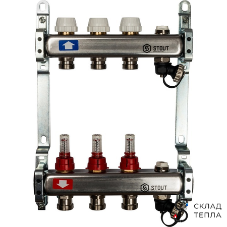 Коллекторная группа STOUT - 1" на 3 контура 3/4" (расходомеры, клапананы, сливные краны). Вид 1.