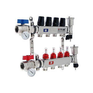 Коллекторная группа TIM - 1' на 4 контура 3/4' (нерж. сталь с расходомерами, полный комплект)