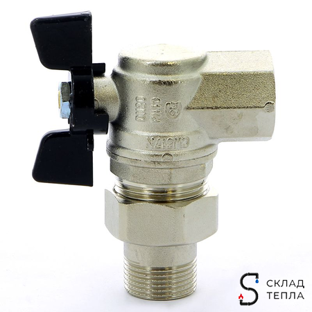 Кран шаровой полнопроходной угловой Bugatti Oregon 594 - 1" (ВР/НГ, PN40, ручка-бабочка черная). Вид 1.