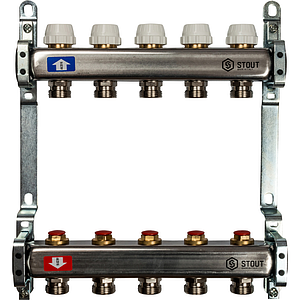 Коллекторная группа STOUT - 1' на 5 контуров 3/4' (нерж.сталь, с вентилями)