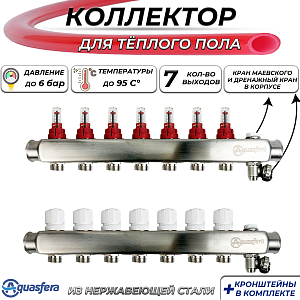 Коллекторная группа Aquasfera-1' на 7 контуров 3/4' (нерж. сталь с расходомерами и сливными кранами)