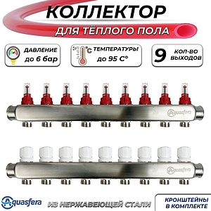 Коллекторная группа Aquasfera-1' на 9 контуров 3/4' (нерж. сталь с расходомерами)