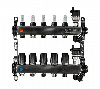 Коллекторная группа TIM - 1' на 5 контуров 3/4' (нерж. сталь с расходомерами и сливными кранами)