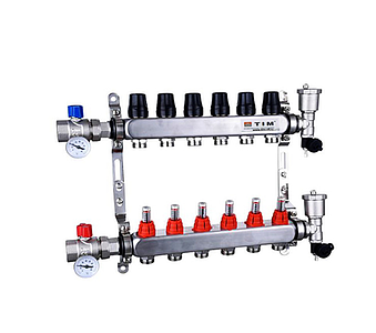 Коллекторная группа TIM - 1' на 6 контуров 3/4' (нерж. сталь с расходомерами, полный комплект)