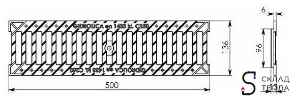 Решетка щелевая чугунная для лотка  DN100 Gidrolica 500х136 мм. Вид 5.