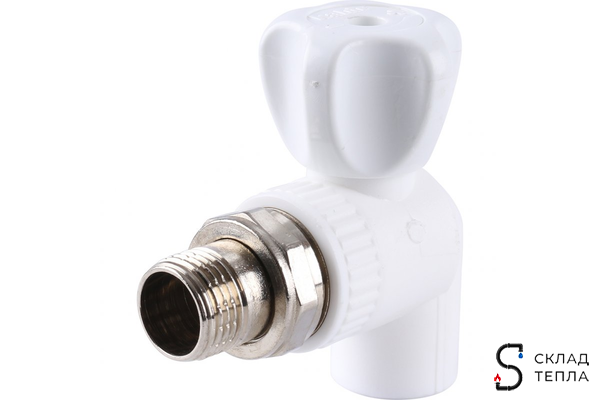 Кран шаровой для радиатора угловой TIM - 20 x 3/4" (Пайка/НР, для полипропиленовых труб, белый). Вид 1.