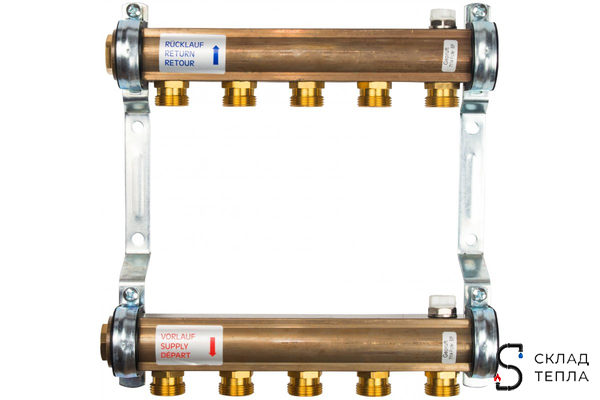 Коллекторная группа WATTS HKV/A - 1"ВР/ВР на 5 контуров 3/4"EK (латунь). Вид 1.