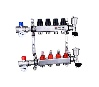 Коллекторная группа TIM - 1' на 4 контура 3/4' (нерж. сталь с расходомерами, полный комплект)