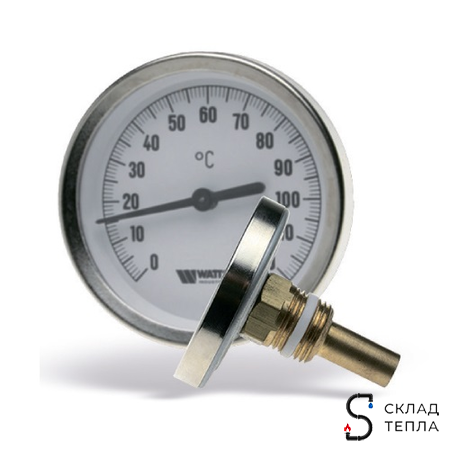 Термометр аксиальный WATTS F+R801 SD - 1/2" (D-80 мм, шкала 0-120°C, гильза 50 мм). Вид 1.
