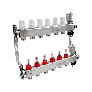 Коллекторная группа VALFEX - 1' на 6 контуров 3/4' (нерж. сталь с расходомерами и сливными кранами)
