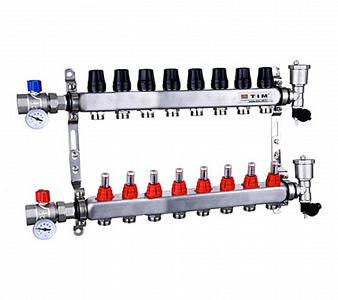 Коллекторная группа TIM - 1' на 8 контуров 3/4' (нерж. сталь с расходомерами, полный комплект)