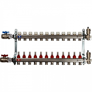 Коллекторная группа в сборе STOUT - 1' на 12 контуров 3/4' (нерж.сталь, с расходомерами)
