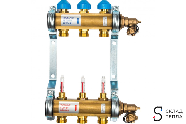 Коллекторная группа WATTS HKV/T - 1"ВР на 3 контуров 3/4"EK (с вентилями и расходомерами, латунь). Вид 1.