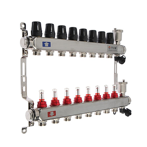Коллекторная группа TIM - 1' на 8 контуров 3/4' (нерж. сталь с расходомерами и сливными кранами)
