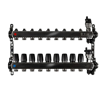 Коллекторная группа TIM 1' на 9 контуров 3/4' (нерж. сталь, с вентилями)