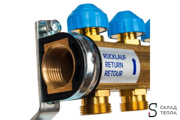 Коллекторная группа WATTS HKV - 1"ВР/ВР на 6 контуров 3/4"EK (с вентилями, латунь). Вид 2.