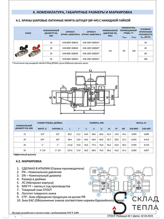 Кран шаровой полнопроходной STOUT - 1" (ВР/НГ, EPDM, PN40, Tmax 150°С, ручка-бабочка красная). Вид 8.