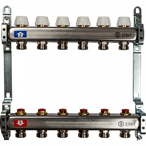 Коллекторная группа STOUT - 1' на 6 контуров 3/4' (нерж.сталь, с вентилями)