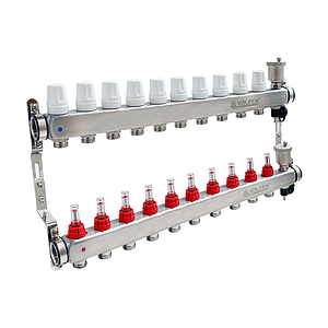 Коллекторная группа VALFEX - 1' на 10 контуров 3/4' (нерж. сталь с расходомерами и сливными кранами)