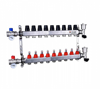 Коллекторная группа TIM - 1' на 9 контуров 3/4' (нерж. сталь с расходомерами, полный комплект)