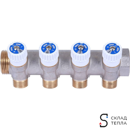 Коллектор регулирующий STOUT- 3/4" (НР/ВР) на 4 контура 1/2"(плоское уплотнение). Вид 2.