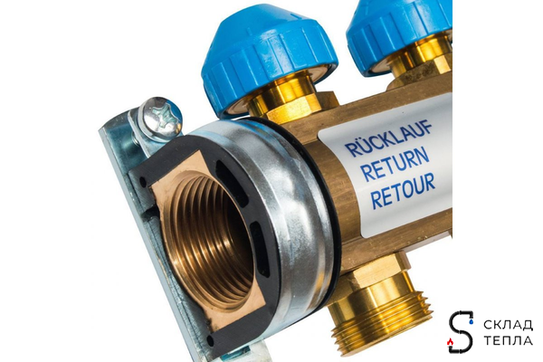 Коллекторная группа WATTS HKV - 1"ВР/ВР на 5 контуров 3/4"EK (с вентилями, латунь). Вид 3.